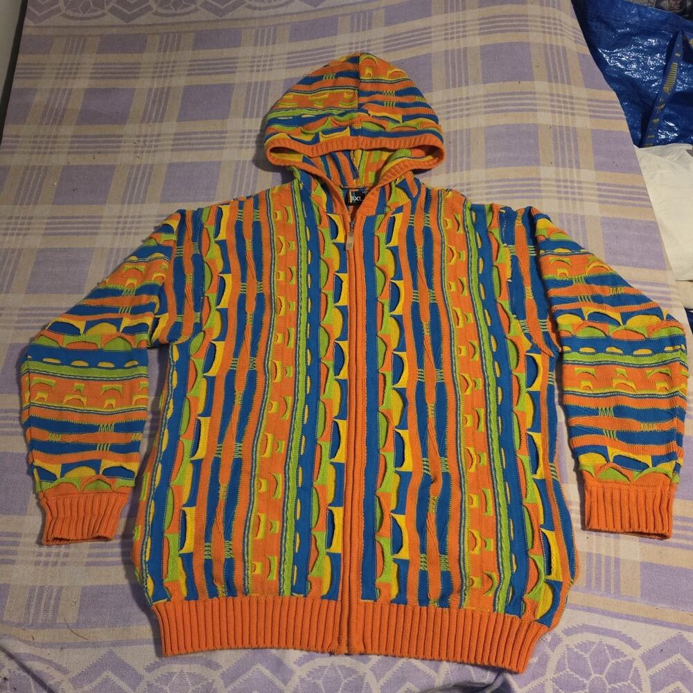 Vtg Y2k Zip Up Hoodie 3D Knit Multicolor Pattern Blues Oversized Baggy 3XL 90s